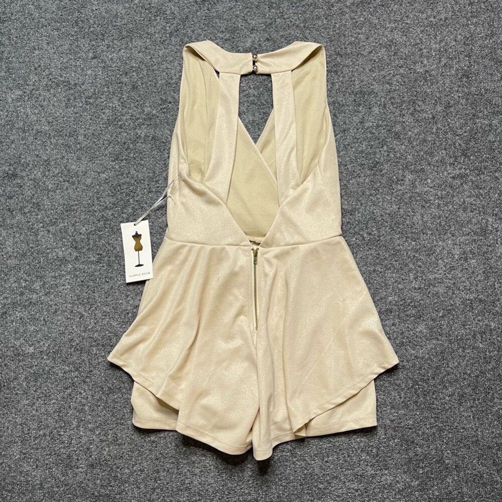 Purple Snow Womens Romper Solid Beige Surplice Neck Sleeveless Open Back S New - Picture 3 of 10